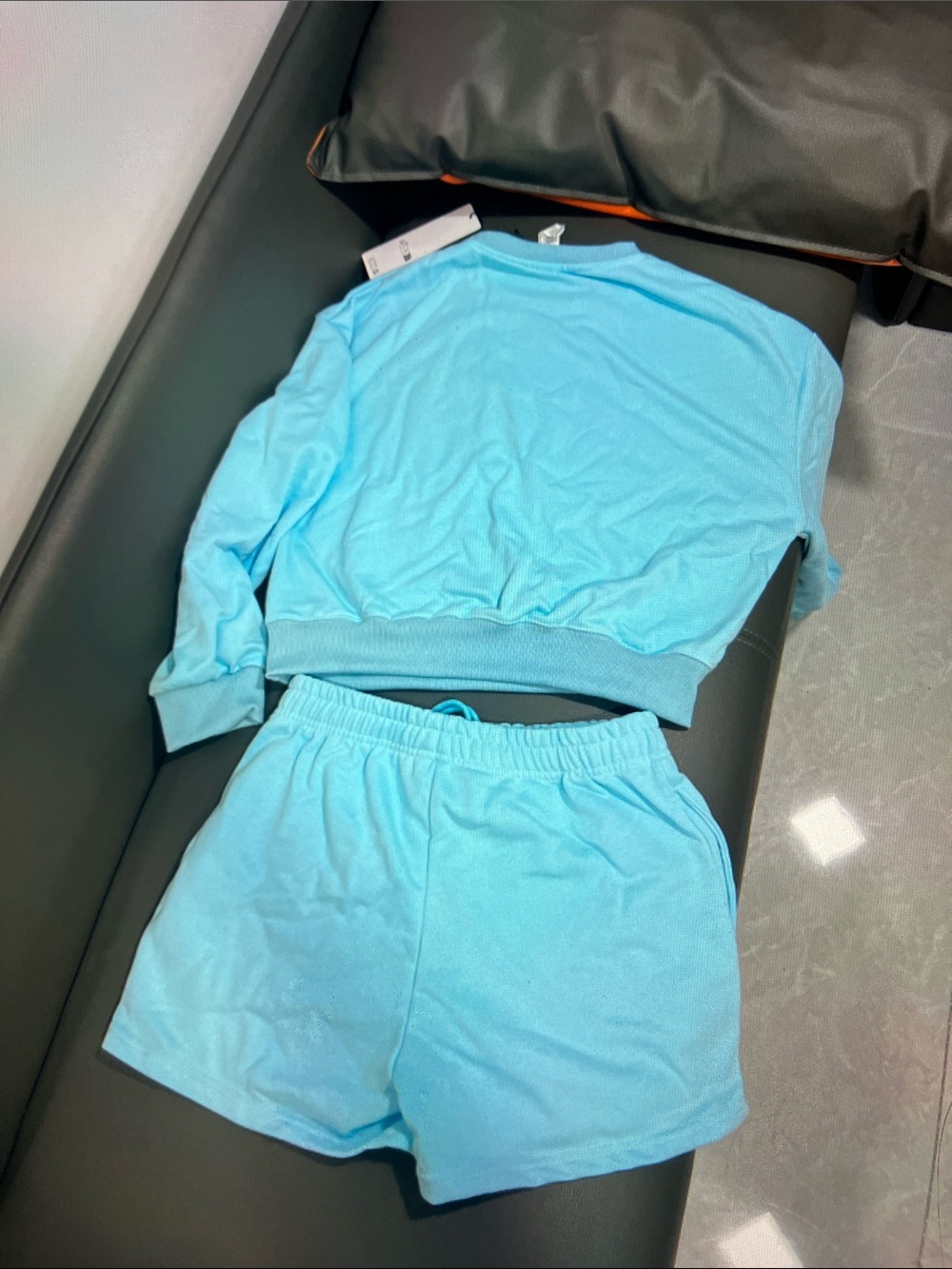 ALO Yoga Light Blue Crew Sweatshirt and Shorts Set - Picture 4 of 8